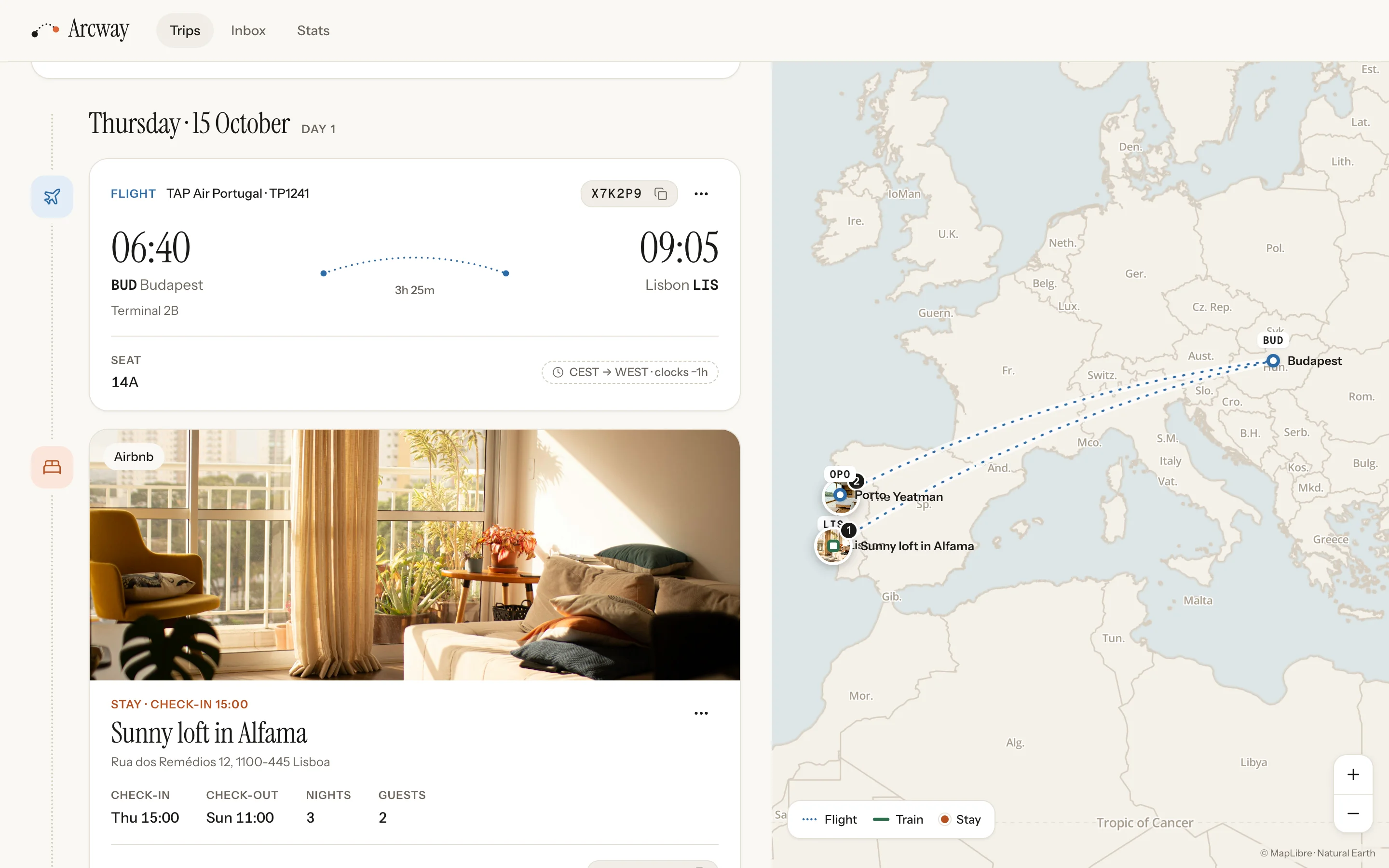 El itinerario día a día junto al mapa: el vuelo de TAP de Budapest a Lisboa, el loft soleado de Alfama y la ruta a través de Europa.