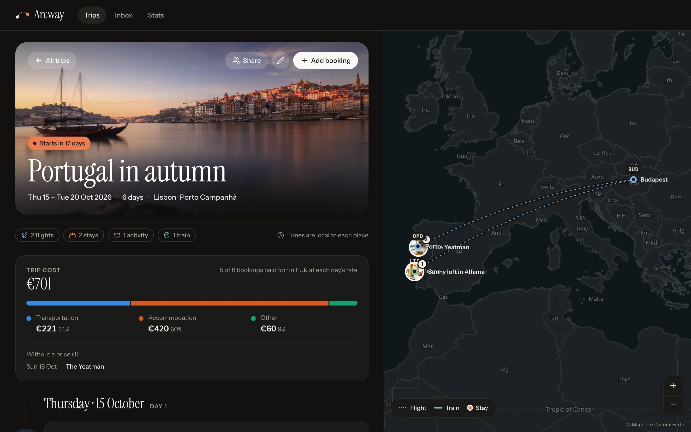 Un viaje en Arcway: “Portugal en otoño” bajo una foto de Oporto al atardecer, con el desglose de gastos y un mapa de los vuelos de Budapest a Lisboa y de vuelta desde Oporto.