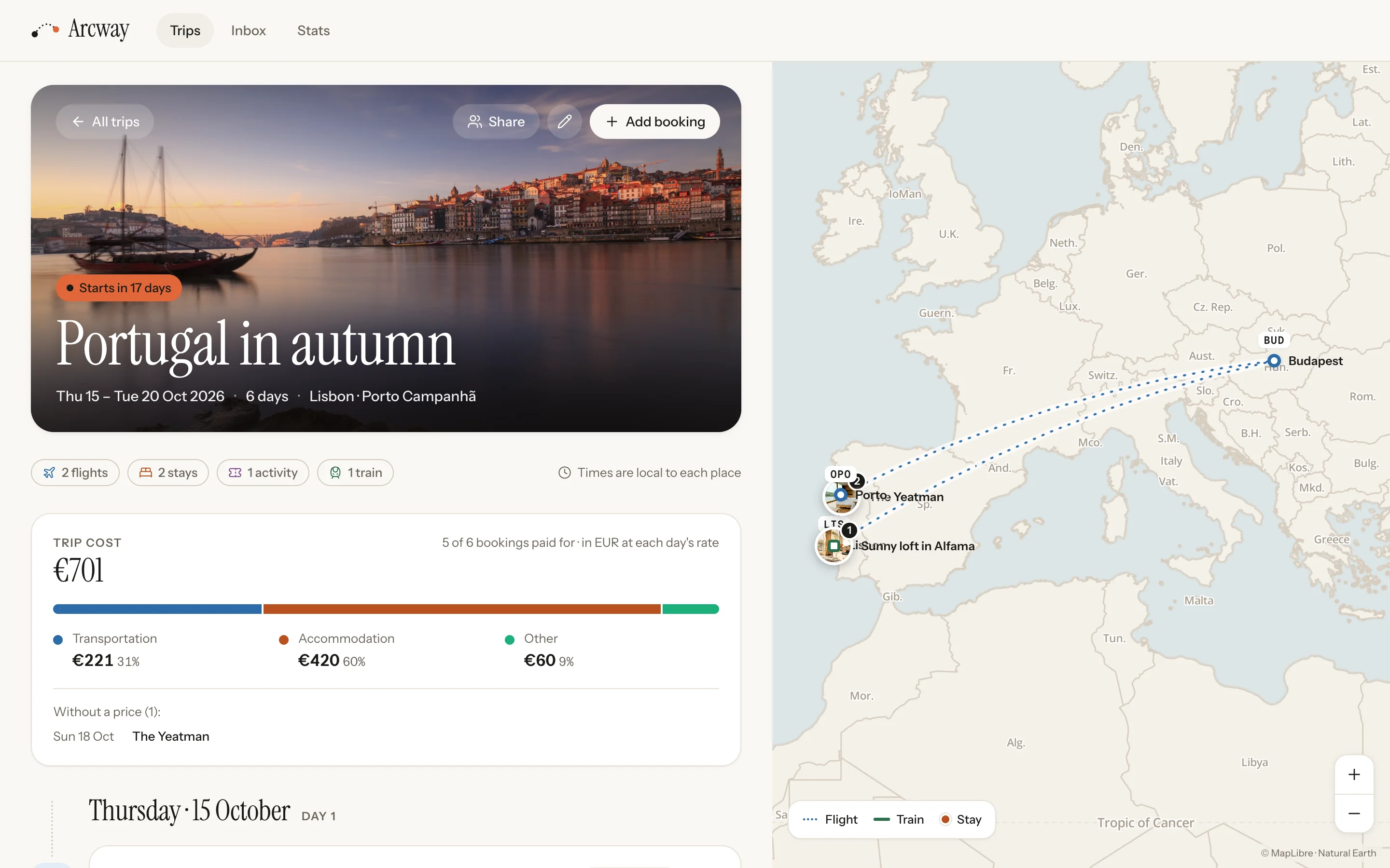 Un viaje en Arcway: “Portugal en otoño” bajo una foto de Oporto al atardecer, con el desglose de gastos y un mapa de los vuelos de Budapest a Lisboa y de vuelta desde Oporto.